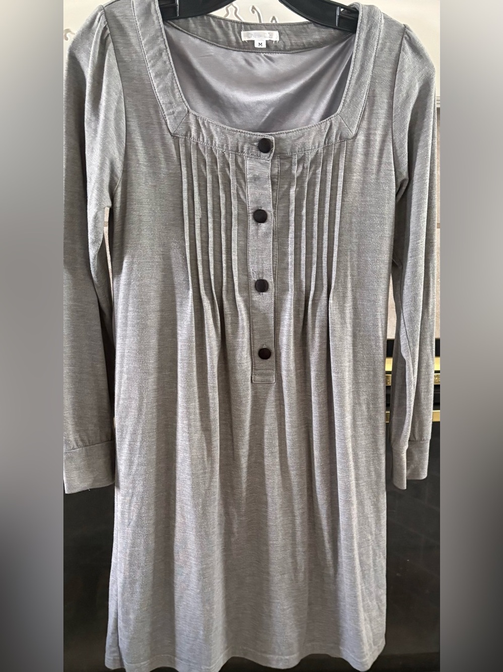 Light Gray Long Sleeve Pleated Button Dress by Unknown Brand